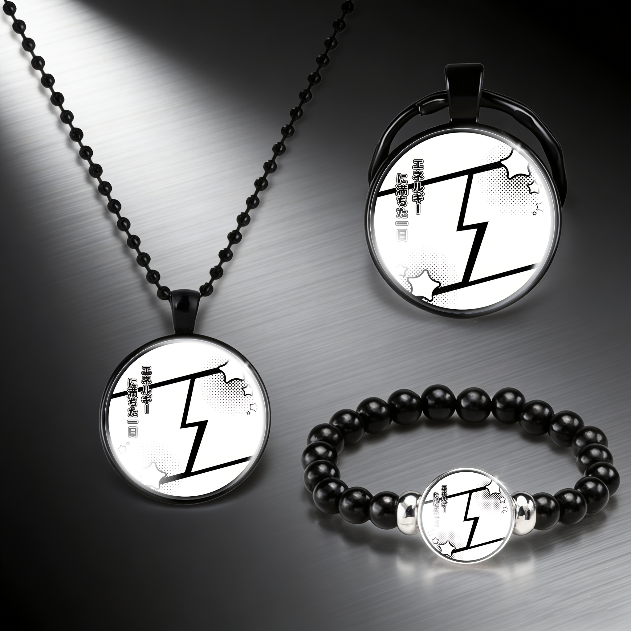 3pcs Black Accessory Set with Round Glass Inlay, Gift for Him